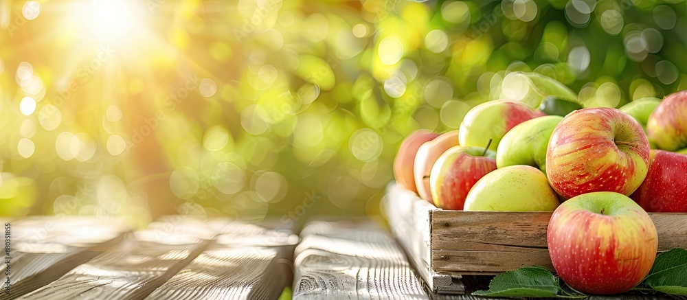 Poster box of fresh garden green and red apples on an outdoor table with a blank area for text beside a. co