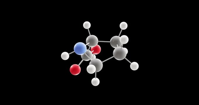 Proline molecule, rotating 3D model of proteinogenic amino acid, looped video on a black background