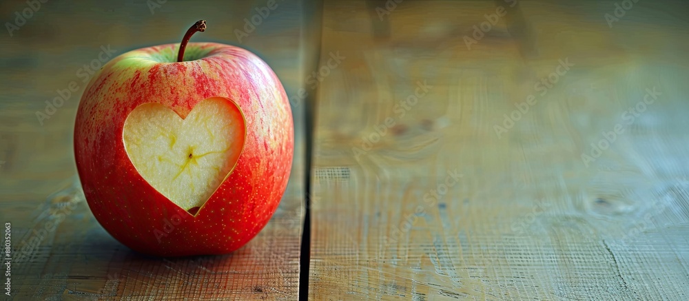 Poster an apple with a heart shaped cutout on a bright backdrop symbolizing health with copy space image