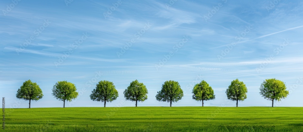 Poster beautiful row of trees set against a backdrop of a serene blue sky creating a picturesque landscape 