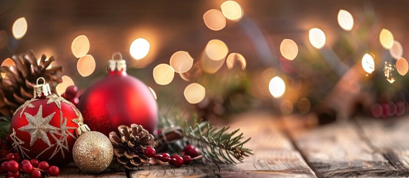 Christmas decorations adorn a tabletop with a festive theme leaving room for product placement in the copy space image