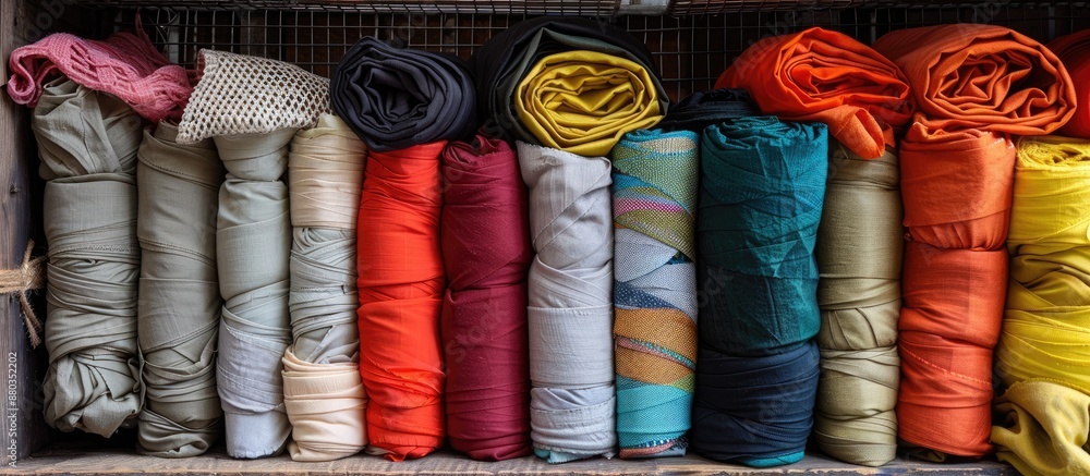 Poster fabric neatly folded inside a wire container with a spacious area for display perfect for showcasing