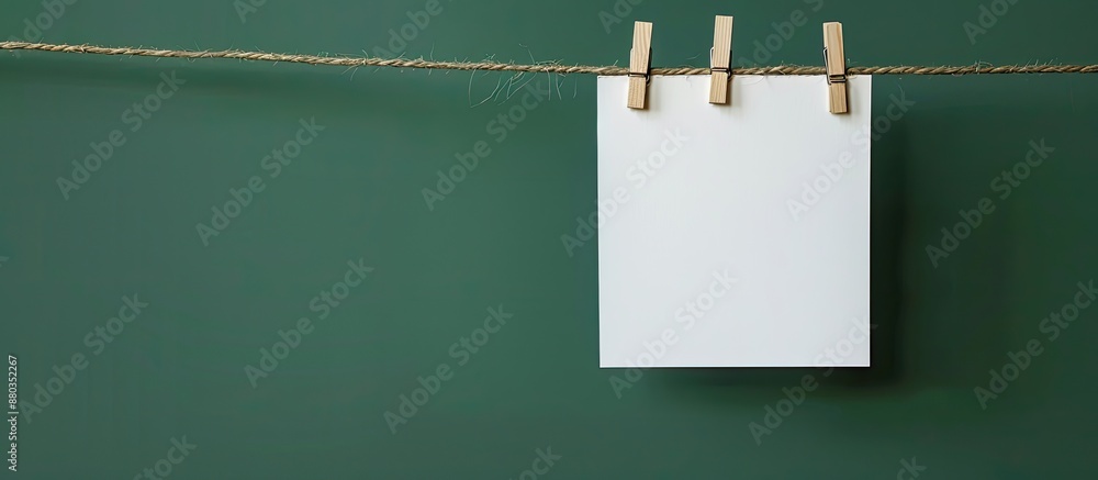 Poster empty paper card hung with clothespins on a string against green backdrop for copy space image