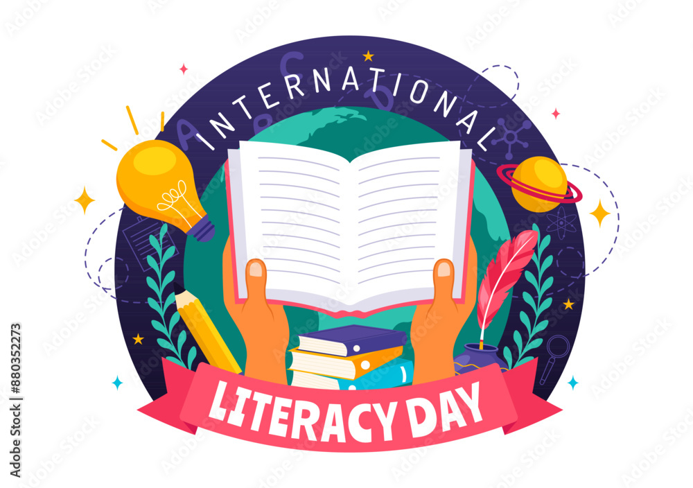 Wall mural International Literacy Day Vector Illustration on 8th September with Books and Educational Equipment in an Educational Holiday Cartoon Background