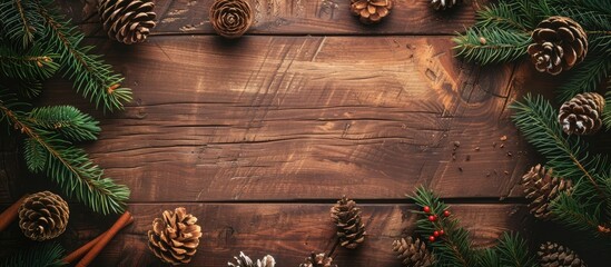 Beautiful vintage rustic brown wood table with white paper copy space image perfect for Christmas and New Year greetings or announcements