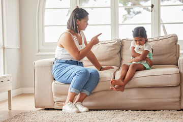 Angry mother, discipline and naughty child with bad behaviour for tantrum, guilt or disobedience on...
