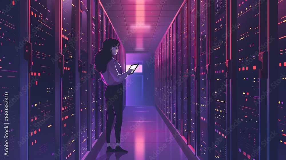 Poster young woman standing in modern server room with tablet computer checking data storage operations and