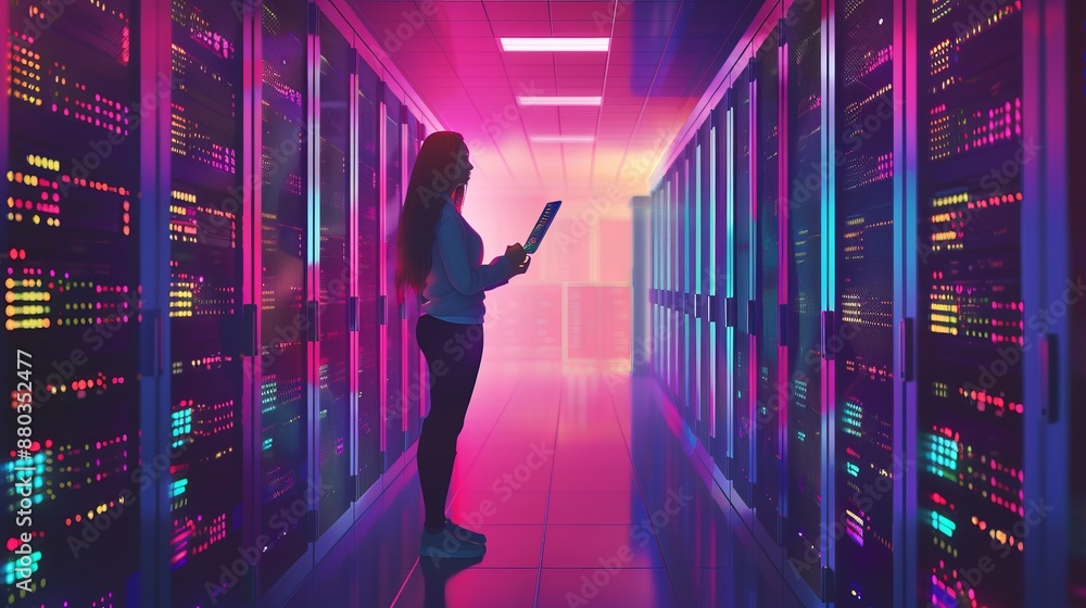 Poster young woman standing in modern server room with tablet computer checking data storage operations and