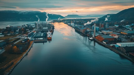 Naklejka premium Aerial view of an industrial port at sunrise with mountains in the background, river flowing through the center, and smoke from factories.
