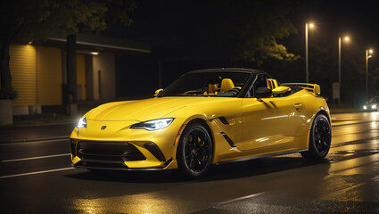 The image shows a bright yellow convertible sports car driving down a wet city street at night.

