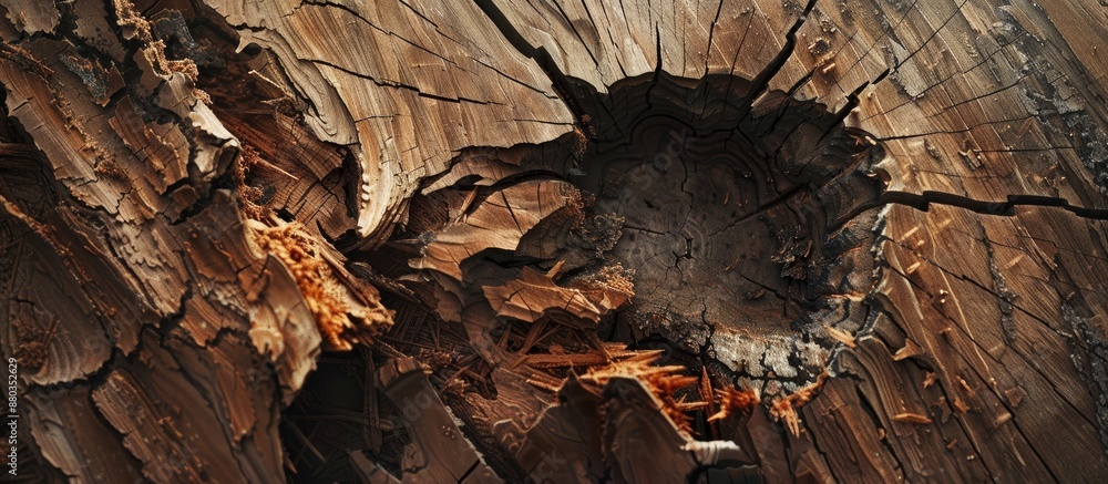 Poster close up of a shattered tree trunk with splintered wood fibers on a textured wooden background in br
