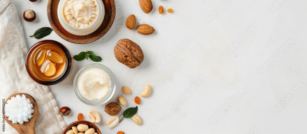Aufkleber argan and macadamia oil creme shampoo and nuts displayed on a white background with copy space image