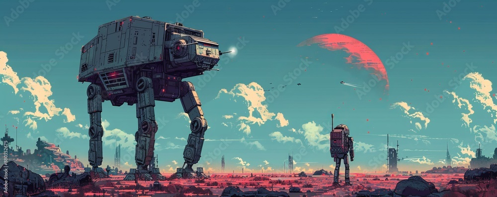 Poster a pixel art depiction of a pixelated robot exploring a pixelated alien world.