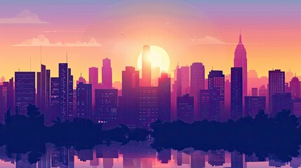 Urban cityscape silhouette with sunset hues, ideal for travel topics.