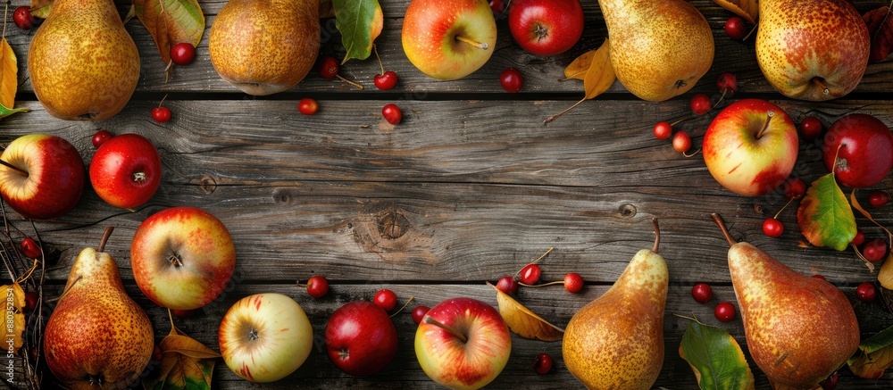 Poster top down view of pears and small apples arranged on a rustic wooden surface forming a frame for an a