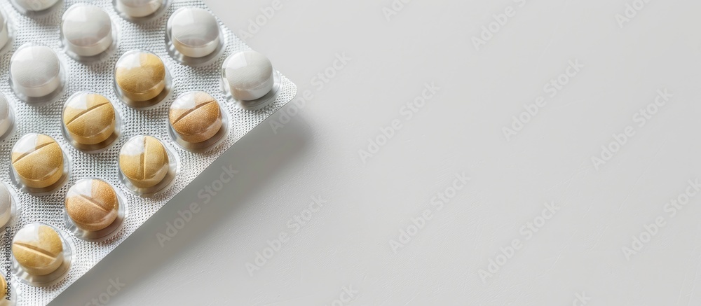 Poster close up view of a blister pack containing vitamins and tablets on a white background featuring spac