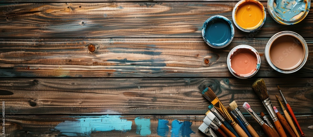 Poster flat lay wooden background with various paints and tools creating a copy space image for text placem
