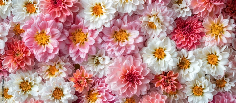 Poster high quality photo of a flat lay chrysanthemum pattern creating a floral composition with a frame in