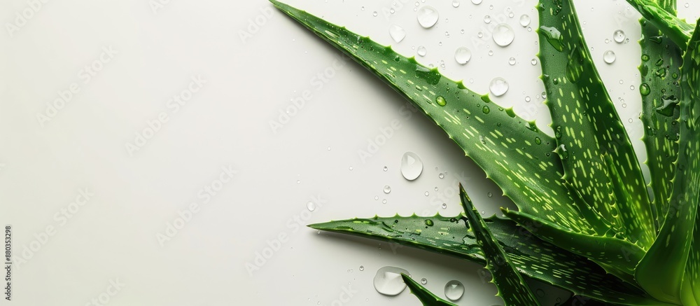 Poster aloe vera leaves on a white backdrop with a blank area for additional content like a copy space imag