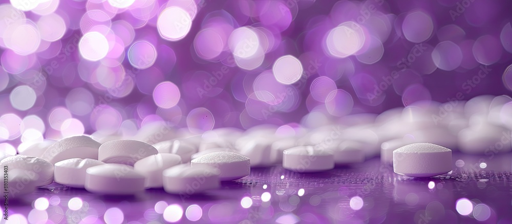 Poster white pills and capsules displayed on a purple background with ample copy space for text or images t