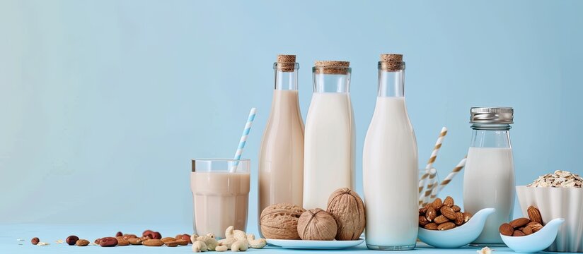 Various nut flavored vegan non dairy milk bottles on a blue backdrop with copy space image