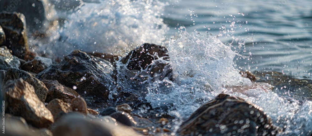 Poster waves splashing against rocks on a stony beach with a copy space image