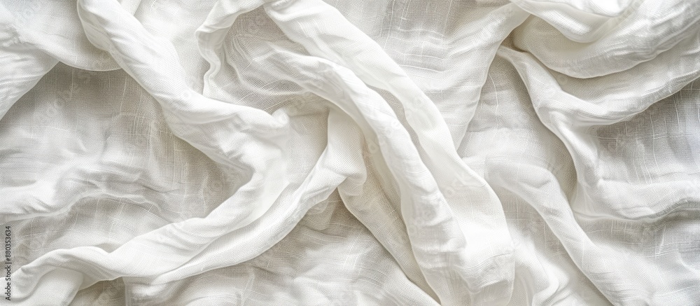 Poster top view of a white crumpled linen fabric texture background resembling natural organic eco textiles