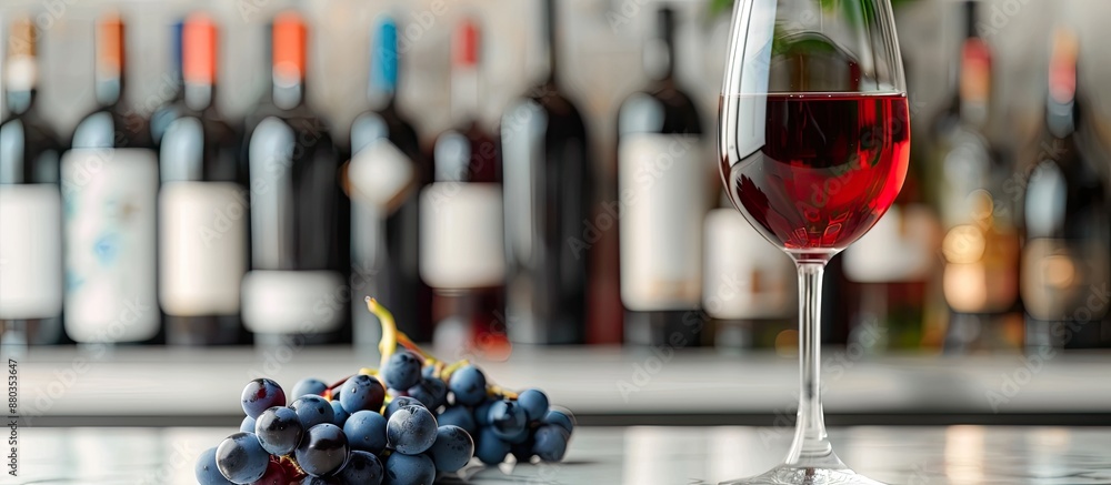 Poster red wine bottle and glass are placed alongside blue grapes a bar counter with assorted wine bottles 
