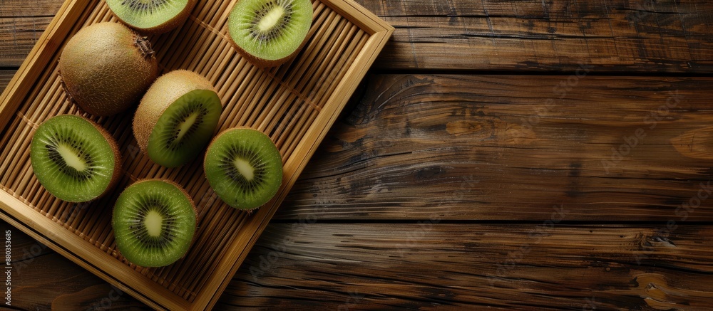 Poster kiwi fruits on bamboo tray against wooden backdrop with clear focal point and space for text ideal f