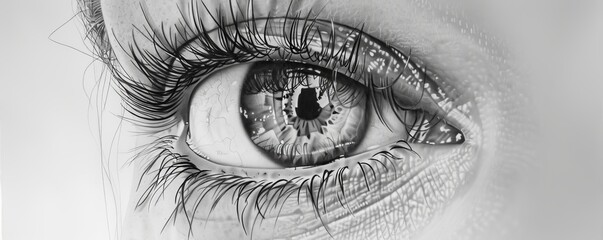 Obraz premium A realistic drawing of a person's eye, reflecting the world around them.