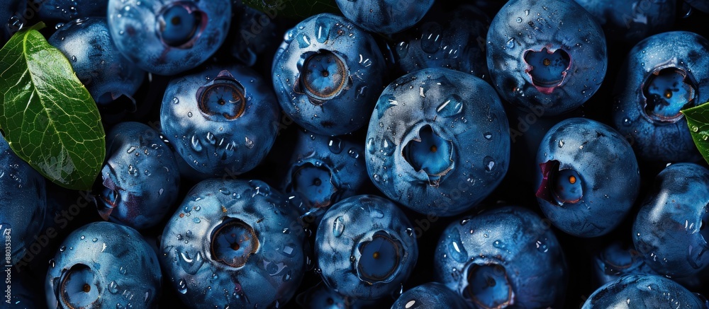 Poster close up view of fresh blueberries creating a textured background with copy space image