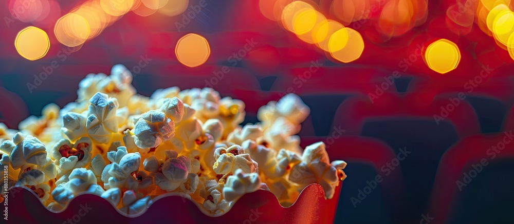 Poster concept of a cinema setting with popcorn a blank screen in the background for copy space image