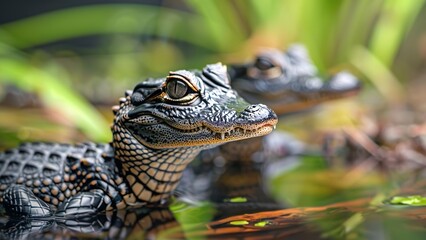 Fototapeta premium Potrait of two baby crocodiles in the water