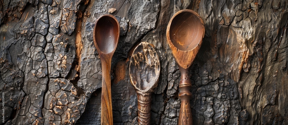 Poster high quality photo showing kitchen utensils made of natural material with a close up of the untreate
