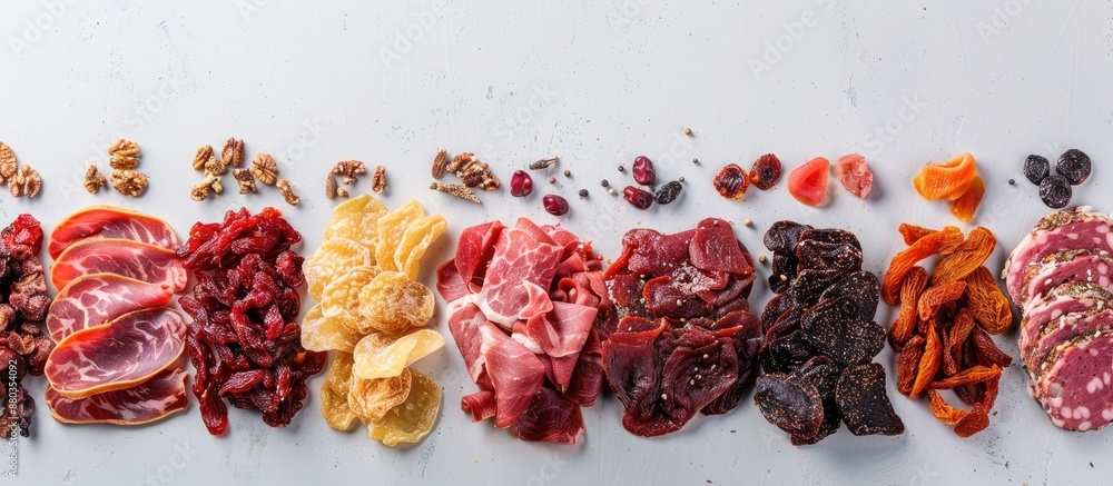 Poster flat lay composition featuring assorted dried meat snacks on a white background with copy space imag