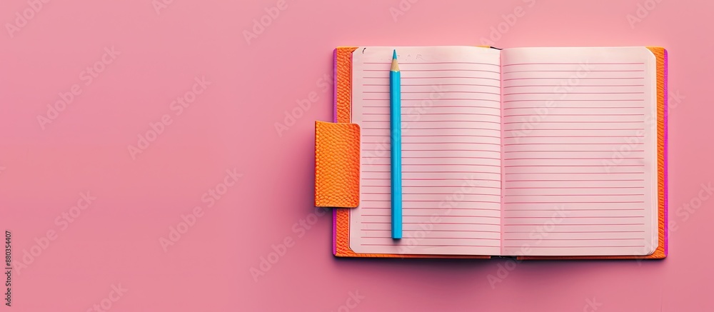 Poster vibrant composition featuring an open notepad adorned with an orange bookend a blue pencil on a vivi