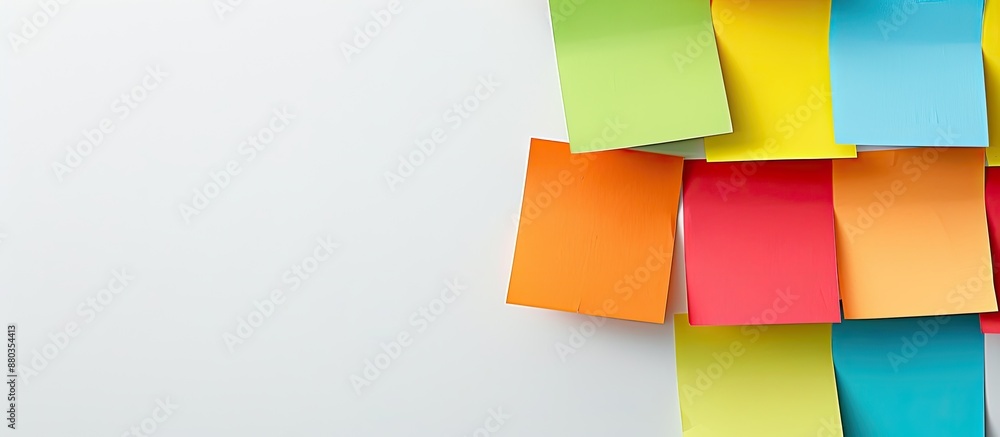 Aufkleber colorful sticky papers arranged in a scheme on a white background with copy space image