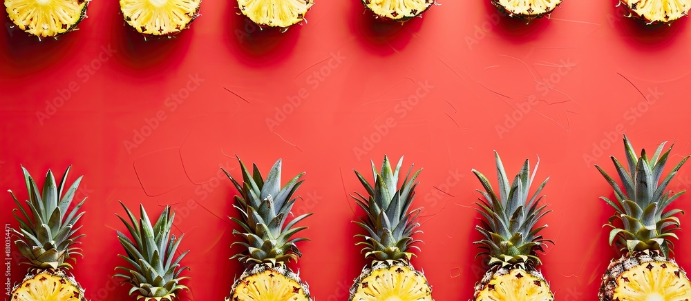 Poster pineapple slices arranged in owl shape on a lively red background for a creative summer theme with a