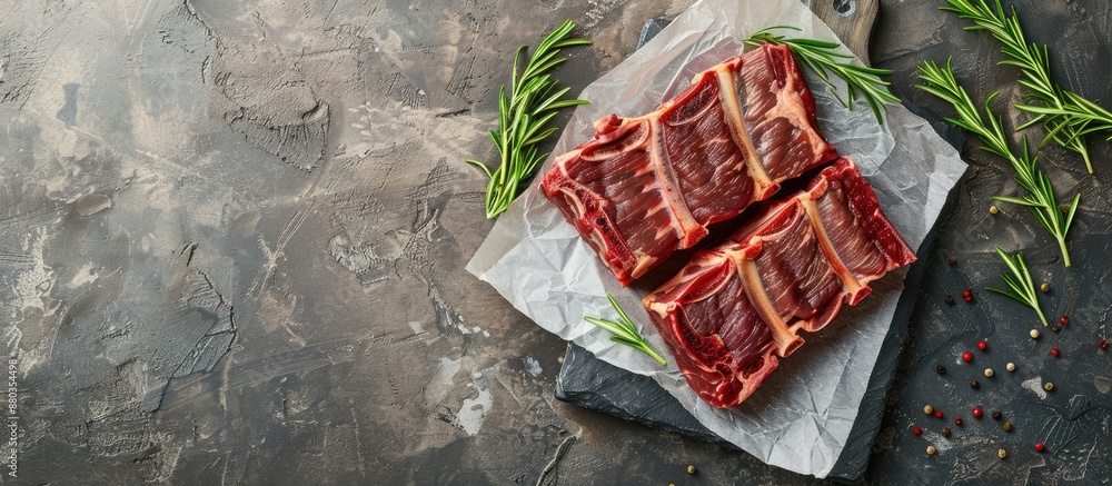 Poster vacuum packed beef short ribs displayed on a grey stone surface from a top view perspective offering