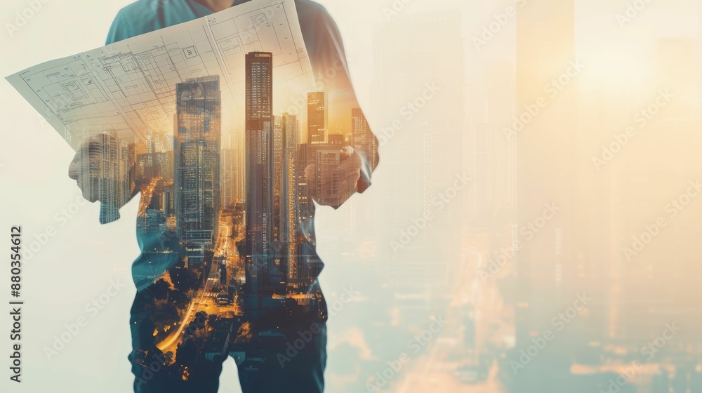 Poster professional civil engineer holding project plan with double exposure with building. skilled archite
