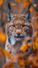 High-resolution photo of a lynx blending into the autumn forest background.