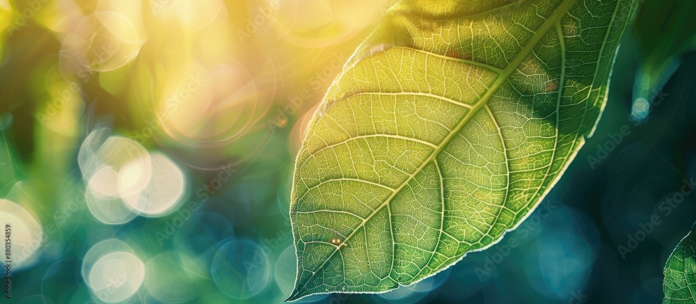 Poster vintage filter applied to a close up nature view of a sunlit green leaf ideal as a background image 