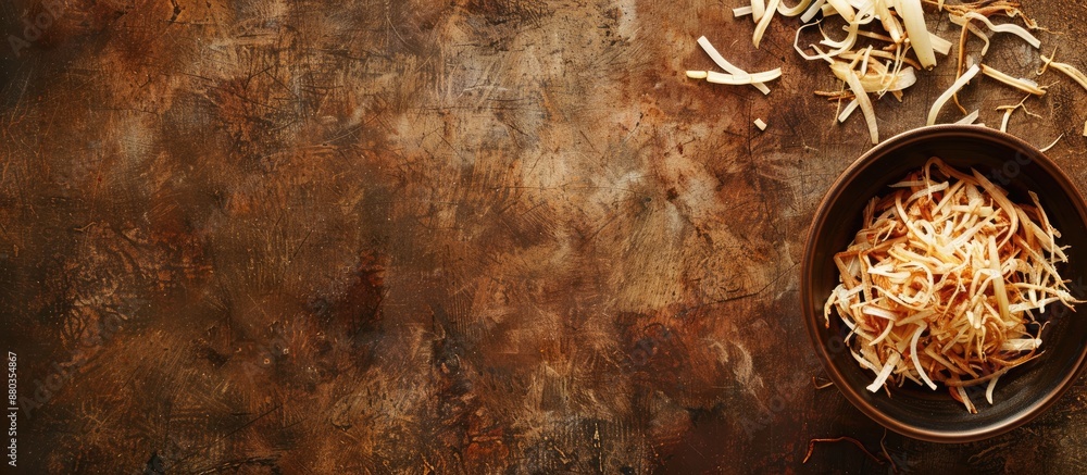 Poster explore menu options featuring shredded shallots with an inviting copy space image