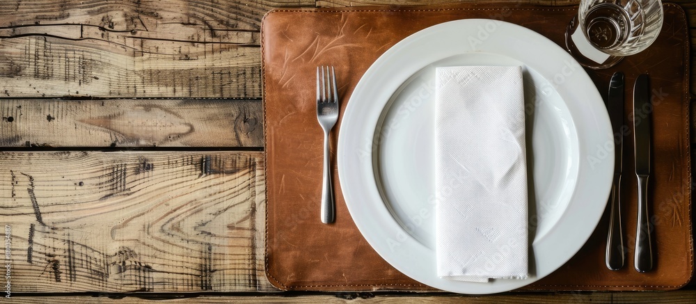 Poster a classic white plate on a rustic wood table with silverware and a leather menu creating a dining sc