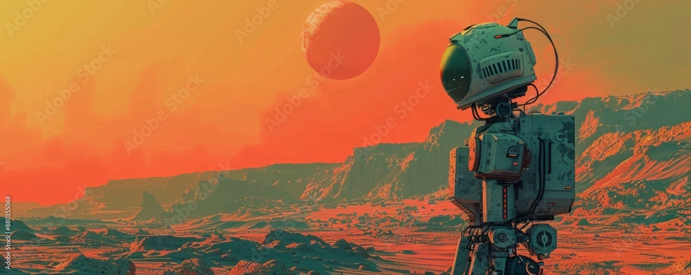 Poster retro-futuristic robot exploring desolate planet with pixelated form