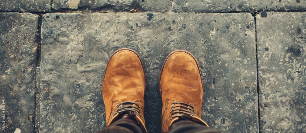 Poster top view of brown suede boots on a concrete surface with ample copy space image