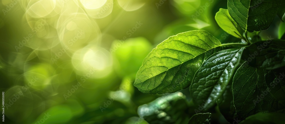 Aufkleber macro shot of a vibrant green leaf against a blurred green backdrop with soft focus sunlight and spa