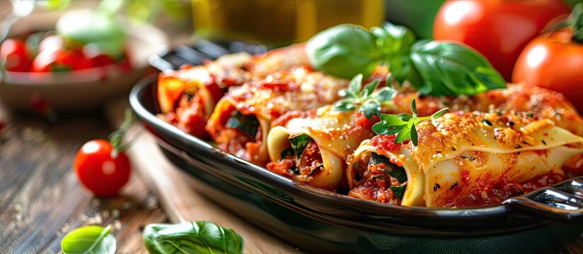 Vegetarian cannelloni pasta dish with stuffed vegetables in tomato sauce A healthy meal displayed on a table with a food background and copy space image