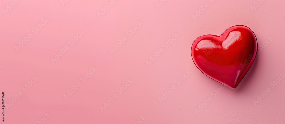 Poster valentine card with red heart seen from above on a pink background with space for text or images. co