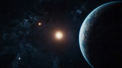 Naklejka premium Dark abstract background illustration of endless space with a planet in middle of nowhere, endless darkness of infinite space, astronomical illustration designed with AI